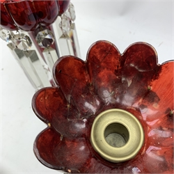 A pair of red glass lustres, each supporting ten clear cut glass droppers (one restored), together with a Royal Stafford teaset, a boxes silver plated cruet set, etc.