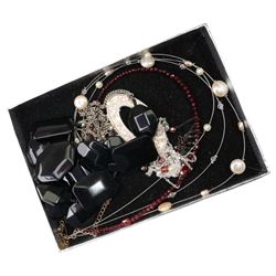 Silver jewellery including an engraved hinged bangle, Birmingham 1973, cuff bangle and two necklaces, shell necklace with gold clasp stamped 14k and various costume jewellery