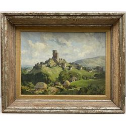 Howard Barron (British 1900-1991): 'Corfe Castle Dorset', oil on artist's board signed, dated May /54 with original titled and Medici Society labels verso 30cm x 40cm
