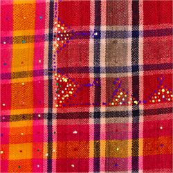 South West Persian Jajim kilim, field woven with a plaid design of intersecting bands in shades of red, terracotta, pink, and ochre, flanked by contrasting side panels decorated with small geometric tribal motifs the decoration incorporating raised wool details against flatwoven ground  