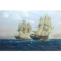  Michael J Whitehand (British 1941-): 'HMS Guerriere Firing a Broadside at the USS Constitution 1812', oil on canvas signed, titled and dated Nov 1999 verso 91cm x 136cm  DDS - Artist's resale rights may apply to this lot  