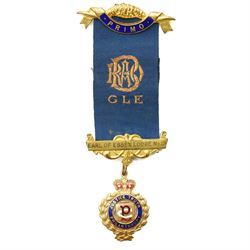 Early 20th century Royal Antediluvian Order of Buffaloes (RAOB) 9ct gold enamel jewel presented to Bro. W. Flood by the Earl of Essex Lodge and another in gilt metal and enamel marked Hull Convention 1906 (2)