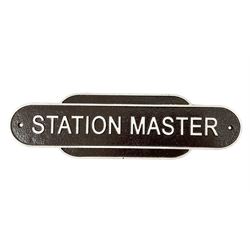 Cast iron Station Master wall plaque on a brown ground, L39cm THIS LOT IS TO BE COLLECTED BY APPOINTMENT FROM DUGGLEBY STORAGE, GREAT HILL, EASTFIELD, SCARBOROUGH, YO11 3TX