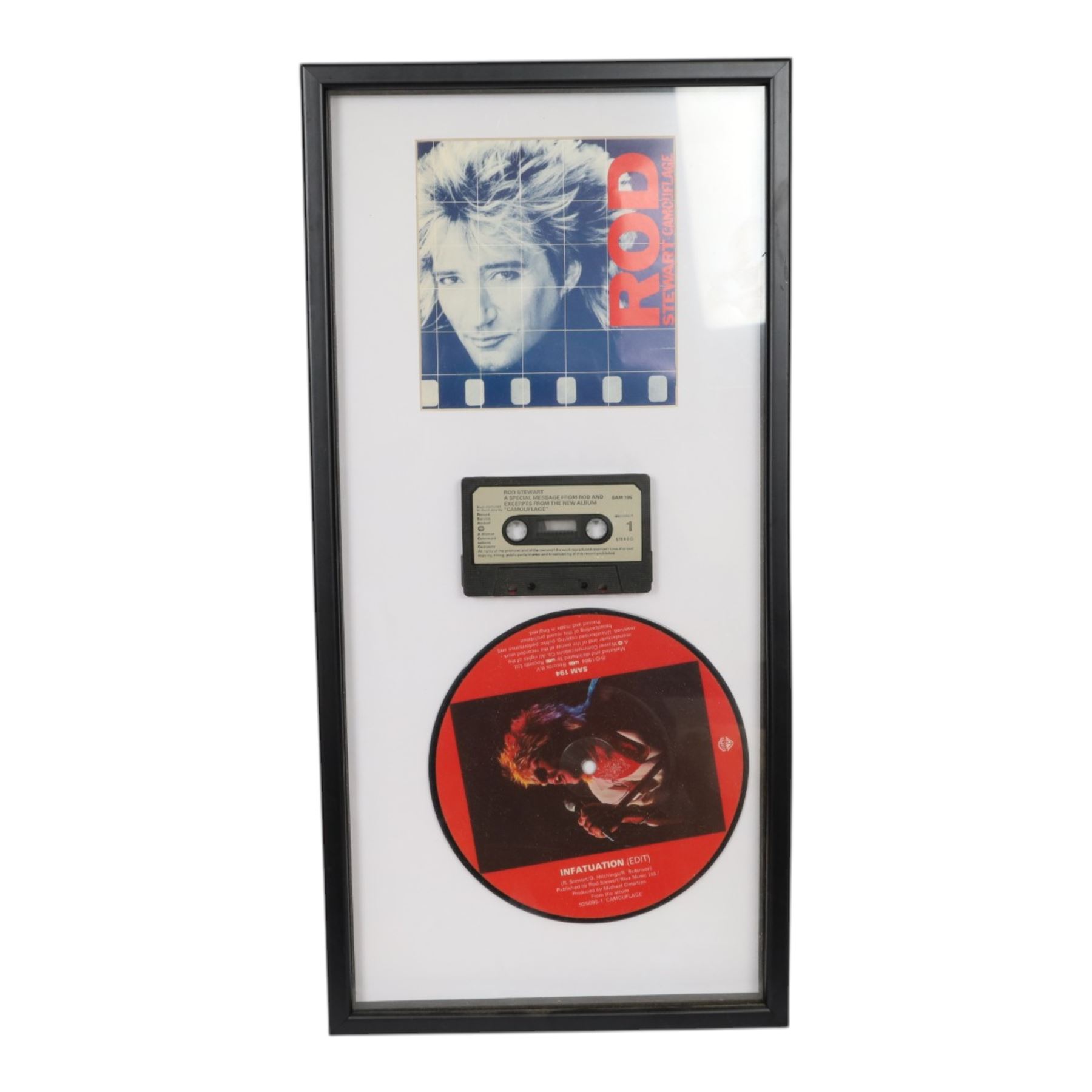 Seven framed record displays, including Meat Loaf 'Razor's Edge', Jim Steinman 'Bad For Good', Meat Loaf 'Bat Out of Hell' and 'I'd Do Anything For Love' gold coloured vinyls, David Bowie 'Life On Mars', Rod Stewart 'Sweet Surrender' and Rod Stewart 'Infatuation', largest H58cm