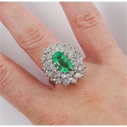 18ct white gold octagonal cut emerald, round brilliant and marquise cut diamond cluster ring, emerald approx 1.95 carat, total diamond weight approx 2.65 carat