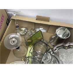 Silver plated estminh entree dish of oval form, copper half gallon jug, claret jug, ship decanter, etc, in two boxes 