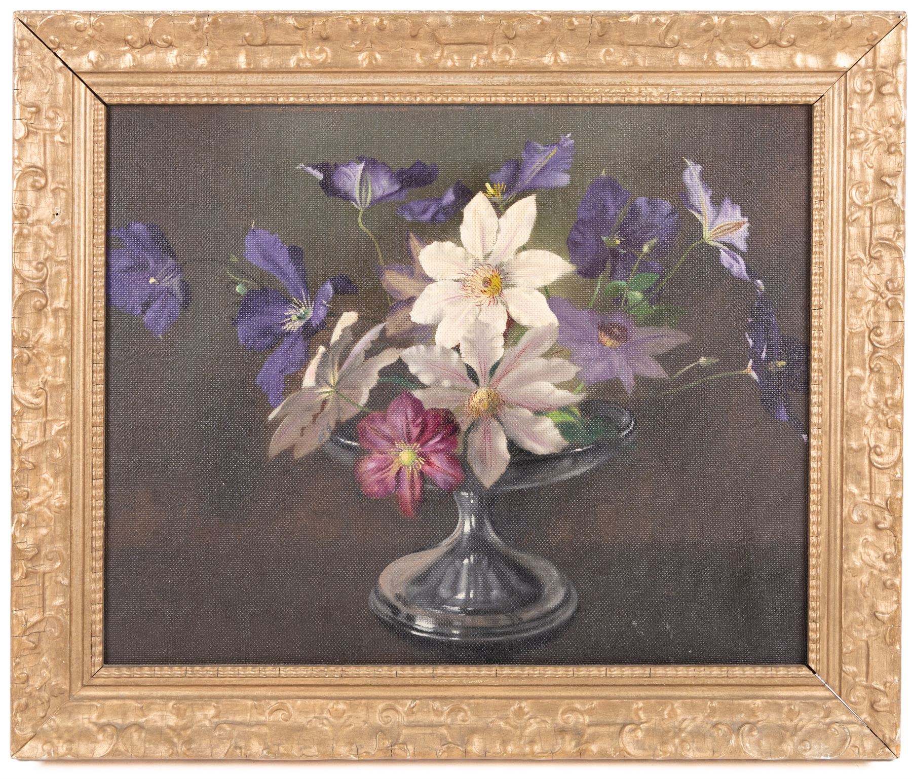 Manner of Margaret Evangeline Wilson (British 1890-1977): Still Life of Purple Flowers in a Glass Vase, oil on board unsigned 40cm x 50cm