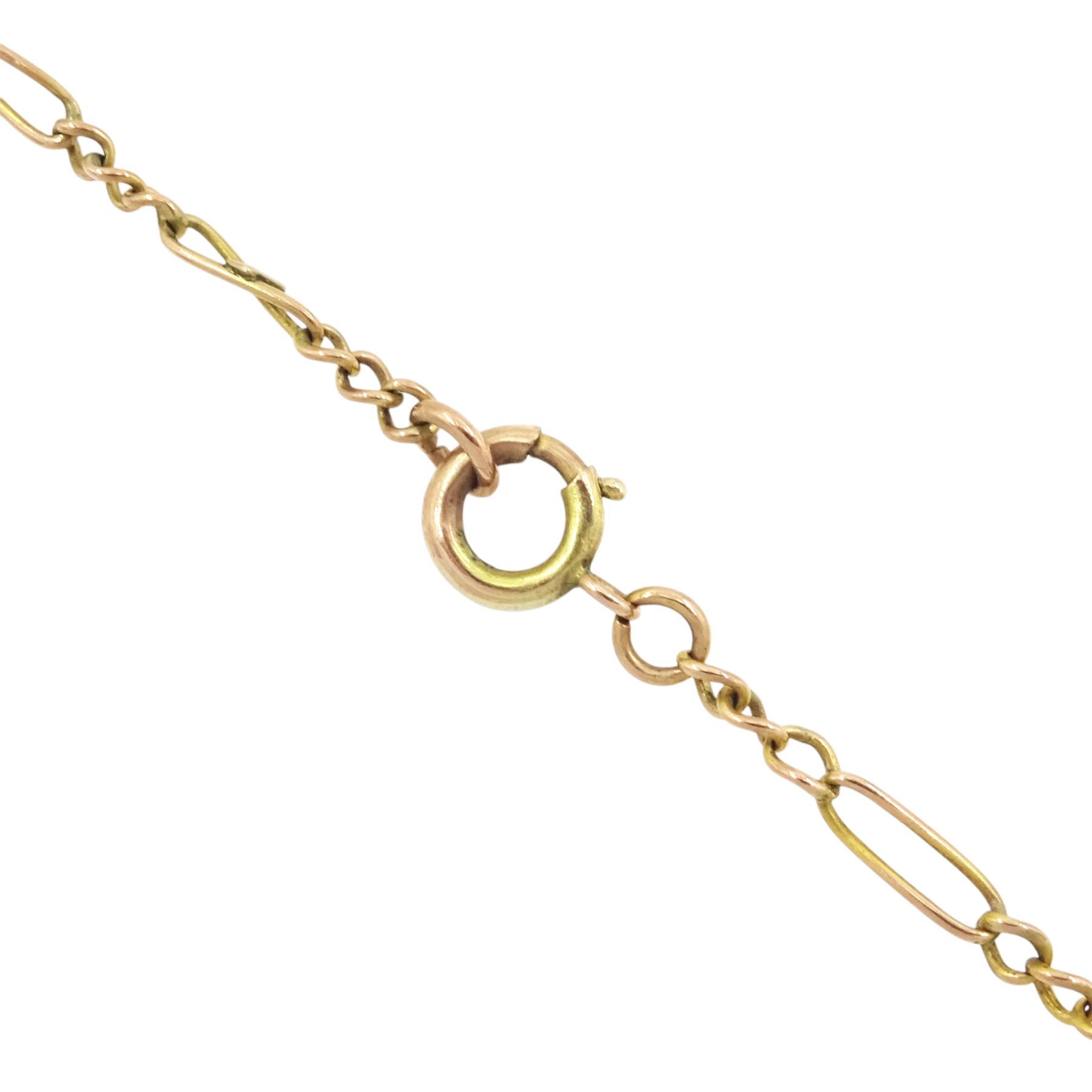 Early 20th century 9ct gold red stone and seed pearl pendant necklace and a gold rose cut diamond brooch