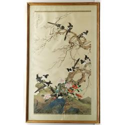 After Chen Zhifo (Chinese 1896-1962): Magpies on Cherry Blossom Tree with Peonies, gouache on silk signed with embroidered border 118cm x 65cm