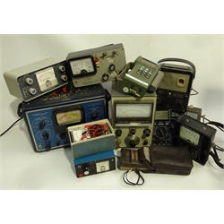  Assorted test meters and testing equipment including Windsor Model 45B Valve tester, Keithley Electrometer, Farnell Directional RF Power Meter, TES Field Strength Meter, Taylor Model 22 Electronic Fault Finder etc  