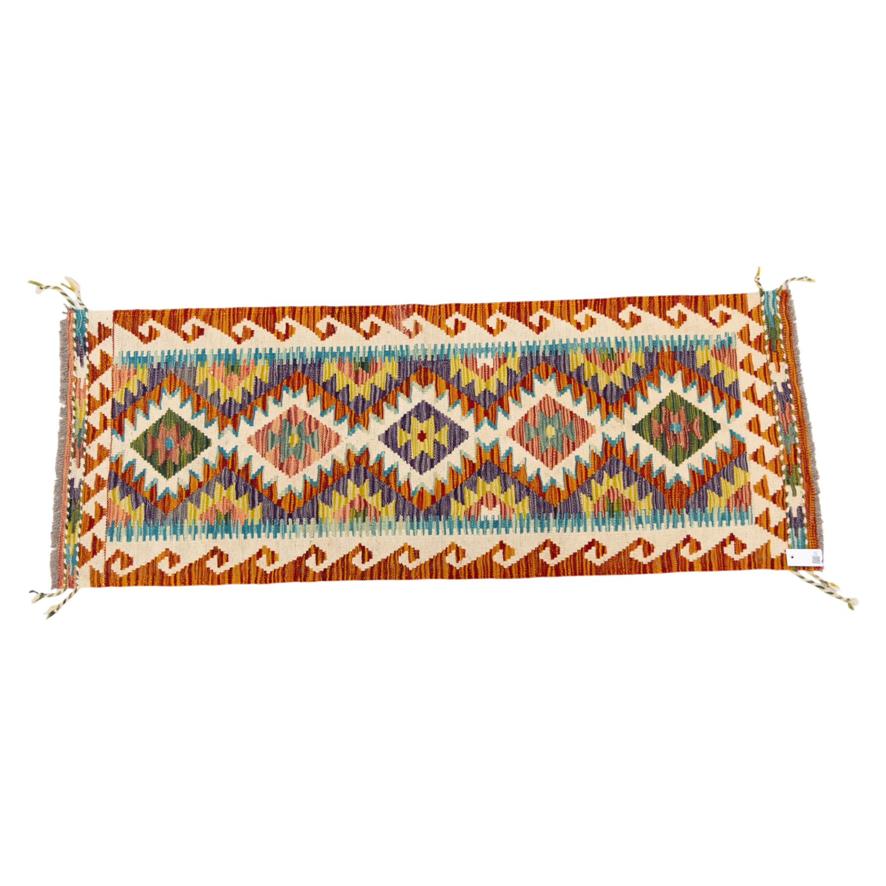 Two Chobi flatweave kilim runners with a repeating stepped diamond medallion design in live green, rust, teal, purple, and ivory, framed by chevron and geometric borders, (2)