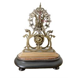 English-Late 19th century 8-day Skeleton clock on an oval ebonised base c1880, with pierce...