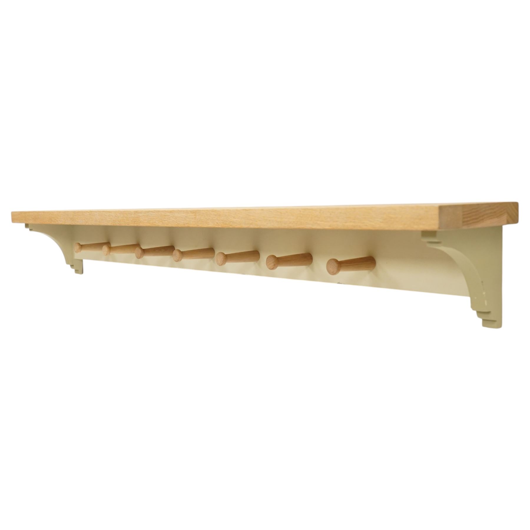 Neptune - limed coat rack and shelf, with sage green painted supports and seven hooks 