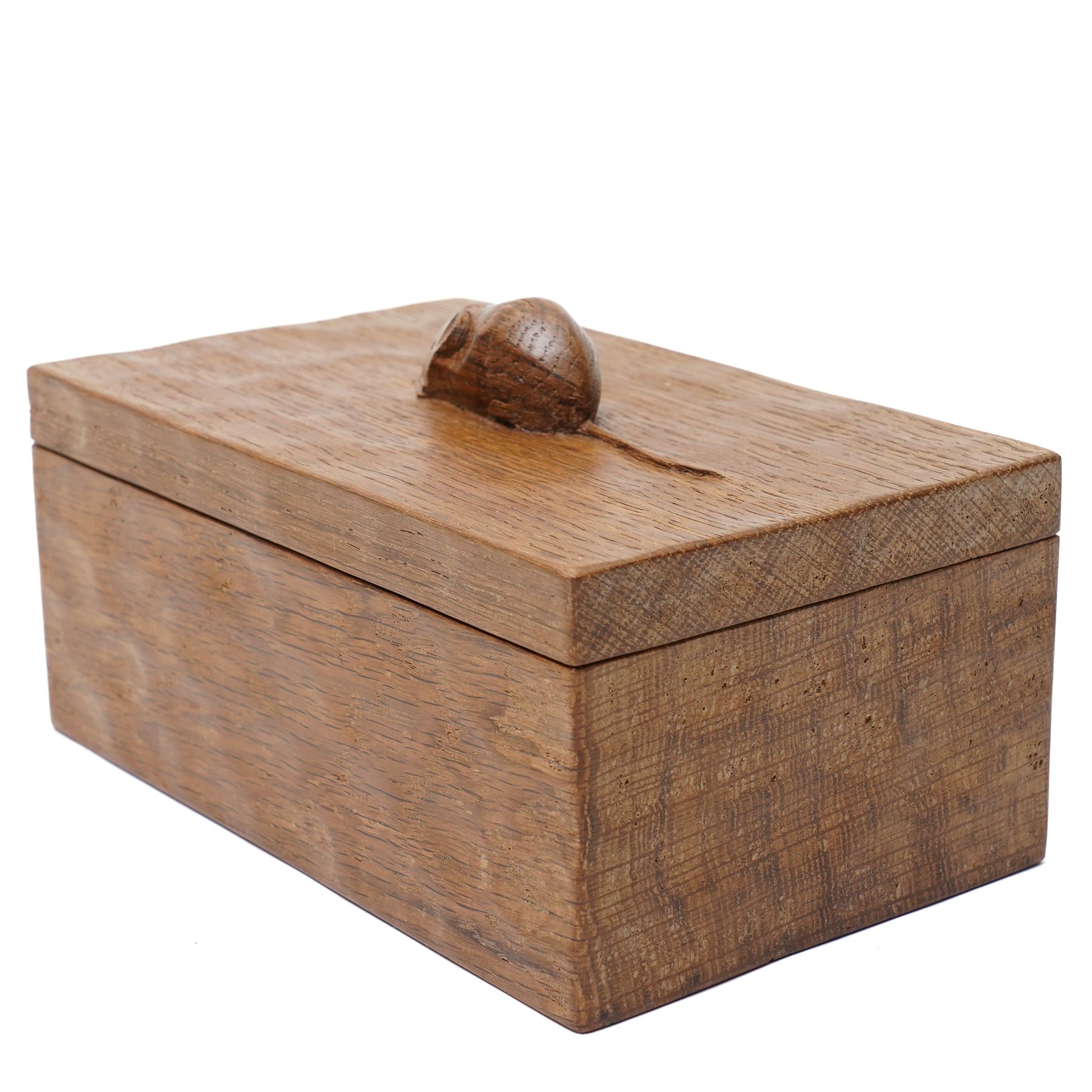 Mouseman - adzed oak rectangular trinket box, the cover with carved mouse signature W18.5cm by the workshop of Robert Thompson, Kilburn