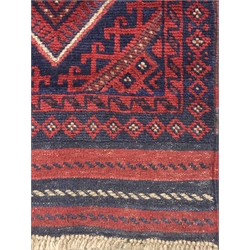  Meshwani red and blue ground runner, geometric patterned field, 256cm x 62cm  