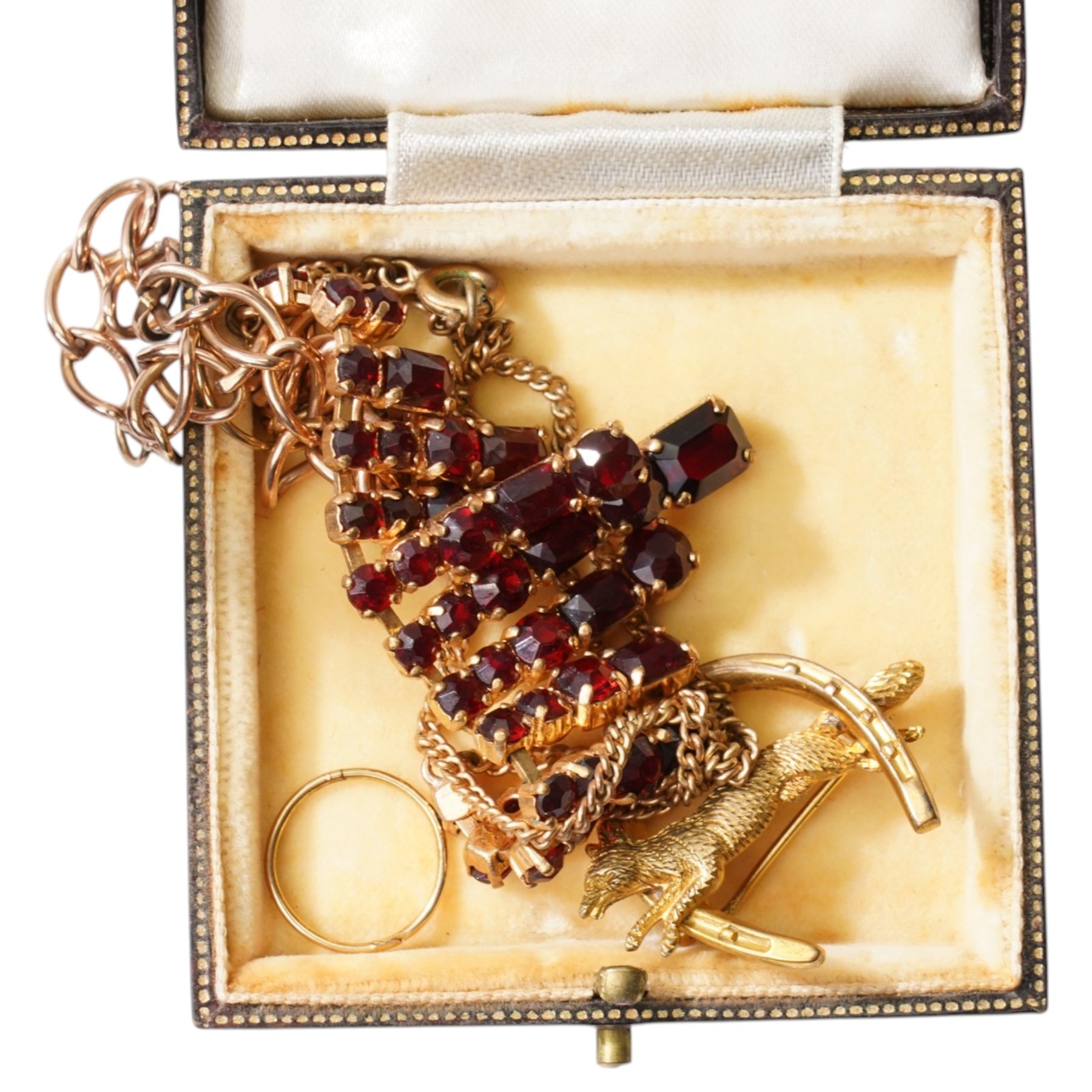 Rose gold bracelet and gold hoop earrings, both 9ct, rolled gold hunting brooch, collection of watches and jewellery boxes