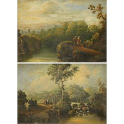 Circle of Benjamin Barker of Bath (British 1776-1838): Figures in a River Landscape with Bath Beyond, pair early 19th century oils on panel unsigned 22cm x 32cm (2)