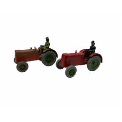 Lead figures - pre-war Charbens goat cart with girl; Timpo ploughman; Timpo cow; Salco Dray Carts; see-saw boat with boy and girl; two Charbens tractors; Taylor & Barrett governess cart; six Wendal figures etc