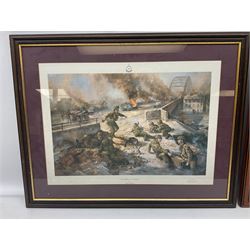 After Alan Fernley, colour print 'The Bridge at Arnhem', signed on the mount, 37 x 50cm; and after John Sellars, colour print 'Pegasus Bridge. Early Morning of D-Day 6th June 1944 Benouville Normandy'; both in mahogany stained frames (2)