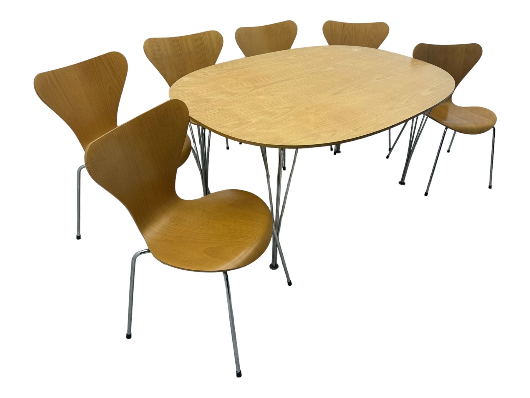 Piet Hein & Bruno Mathsson for Fritz Hansen - contemporary 'superellipse' dining table, oval beech top raised on four chrome supports; set of six Fritz Hansen butterfly-shaped chairs on tubular chrome supports