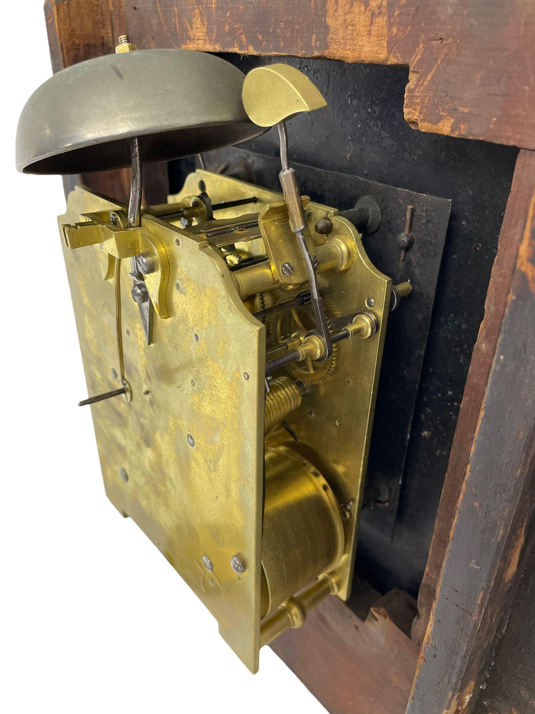 Charles Johnson of Wigan - mid-19th century twin fusee mahogany drop-dial wall clock, with an octagonal dial surround with brass inlay, carved fan ears to the glazed box with pendulum adjustment door, 12