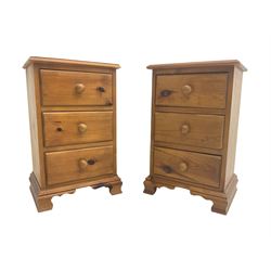 Pair waxed solid pine bedside chests, fitted with three drawers, on ogee feet