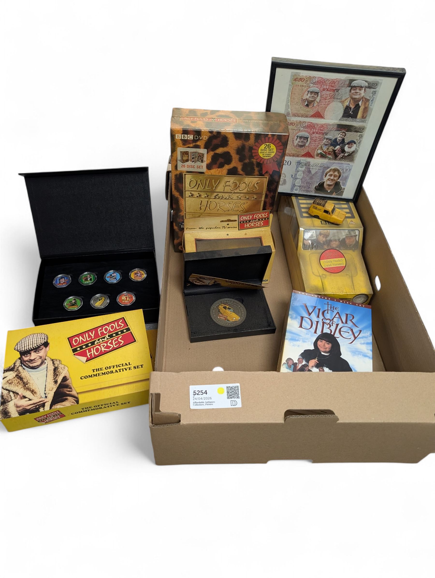 Collection of Only Fools and Horses memorabilia, including Westminster Mint limited edition fifty pence coin set, DVD box set, Corgi Reliant Regal, playing cards, framed bank notes, Griffin Cartoon of the bar scene, etc, together with a Vicar of Dibley DVD box set