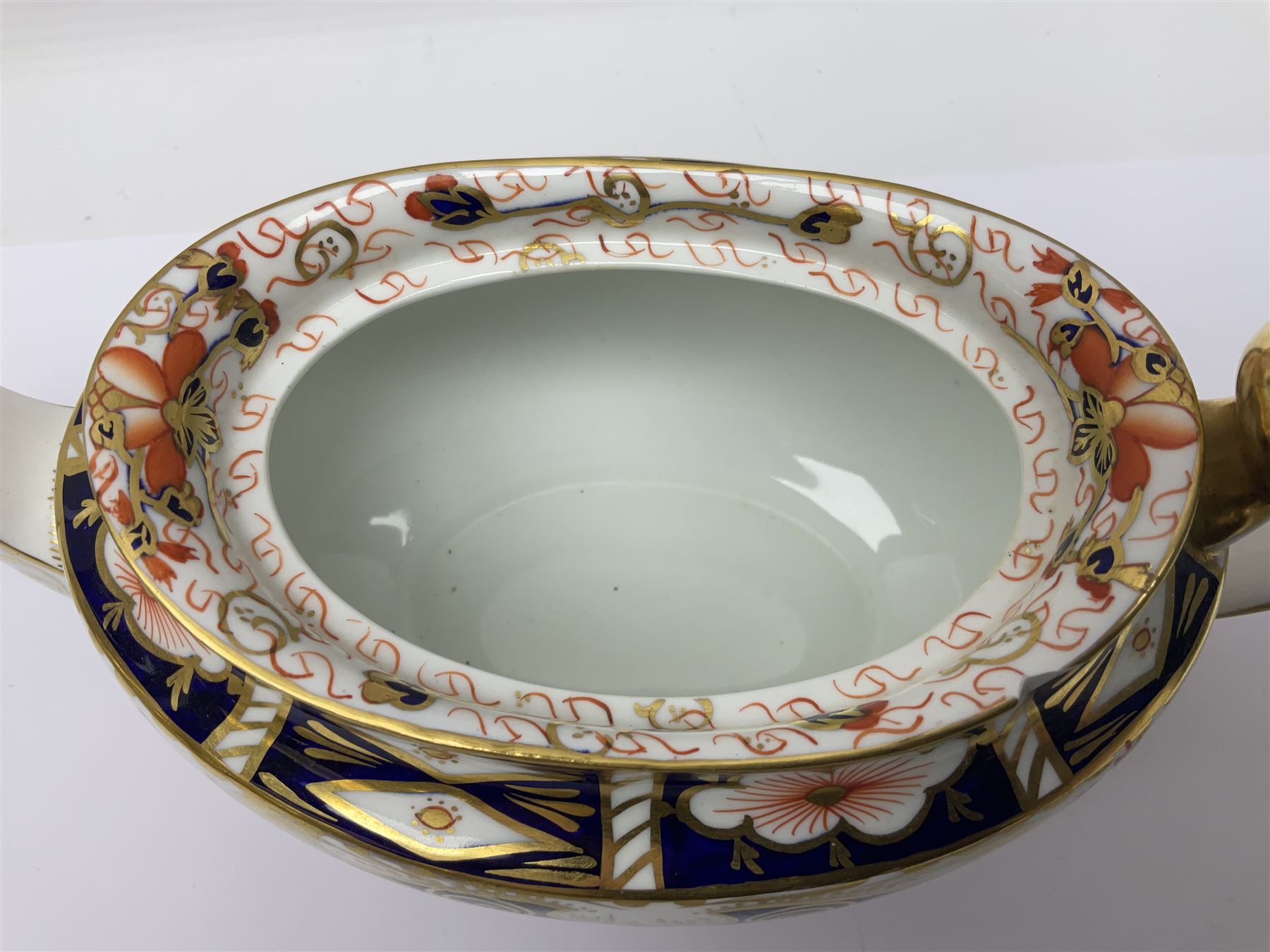 Royal Crown Derby 2451 Imari pattern three piece tea set, comprising teapot, covered sucrier and milk jug, teapot H12cm 