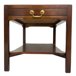 Mahogany side table or end table, the dished rectangular top with moulded edge, fitted with single end drawer, moulded square supports with inner chamfer united by under-tier 
