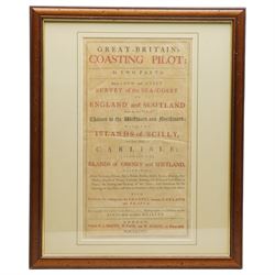 Francis Lamb (British fl.1667-1701): Frontispiece for 'Great Britain’s Coasting Pilot' by Capt. Greenville Collins depicting Britannia and Neptune flanking the title above mermen and mermaids presenting a chart of Great Britain, all surmounted by the Royal Arms, late 17th century engraving with hand-colouring pub. 1693, together with the associated letter press page, 42cm x 47cm (2)