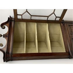 George III oak floor standing corner cabinet, scrolled swan neck pediment with central finial over astragal glazed door, painted interior fitted with three shaped shelves, the lower section fitted with single shaped shelf enclosed by two fielded panel doors inlaid lozenges, on bracket feet, H195cm, W77cm