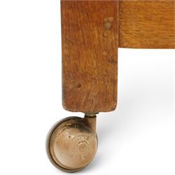 Mouseman - 1940s oak side chair, the slat-back over a slung leather seat, raised on octagonal front supports united by box stretcher, carved with slim mouse signature, by the workshop of Robert Thompson of Kilburn