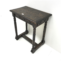 Victorian carved oak table, turned supports joined by stretchers, W62cm, H69cm, D39cm