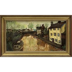 M F Dayton (British 20th century): Canal with Tudor Style Houses, oil on board signed and dated 1973, 15cm x 29cm