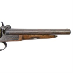 Mid 19th century double-barrelled Italian percussion pistol, smooth, round, 14 mm cal. barrels, forward spring lock engraved with floral motifs; wooden stock with grooved butt and engraved iron mounts, L35cm