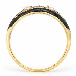 Victorian 18ct gold diamond, pearl and enamel mourning ring, square set with three old cut diamonds and two split pearls, with black enamel surround, Chester 1900