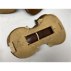French violin for restoration with 36cm two-piece maple back and ribs and spruce top, bears label 'Lutherie Artistique M. Couturieux'; in wooden case; two modern three-quarter size violins in cases; and five violins for spares or repair