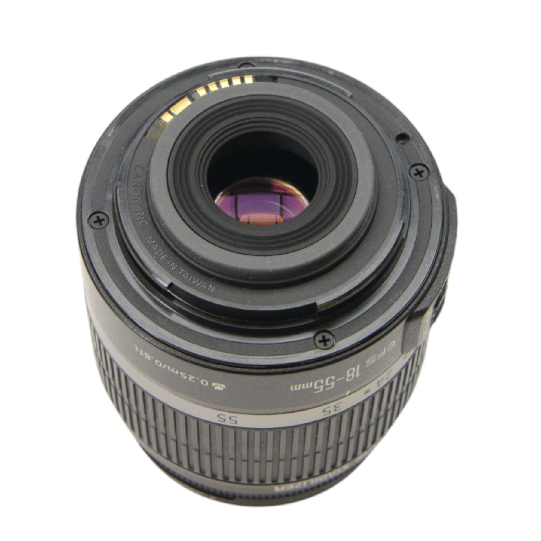 Four Canon camera lenses, comprising EF 50mm 1:1.8 lens serial no. 70896512, boxed, two zoom EF-S 18-55mm 1:3.5-5.6 IS lenses serial nos. 2040537810 and 6462009965 and an EF-S 55-250mm 1:4-5.6 lens serial no. 67007517
