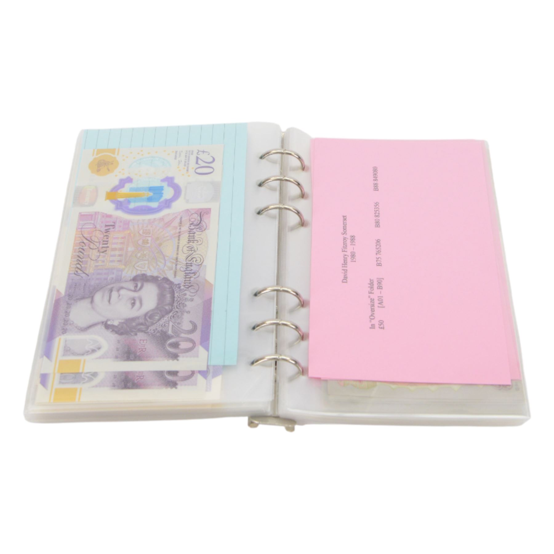 Collection of Bank of England notes, comprising Page twenty pound (2), Somerset twenty pound (2), Gill twenty pound (2), Kentfield twenty pound (3), Lowther twenty pound (4), Bailey twenty pound (9), Salmon twenty pound (7), Cleland twenty pound (7), John twenty pound (2), Kentfield fifty pound (4), Lowther fifty pound (1), Bailey fifty pound (2), Salmon fifty pound (3), and Cleland fifty pound (3), many uncirculated, housed in ring binder folder, total face value 1410 GBP