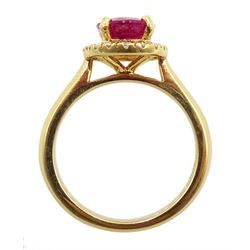 18ct gold oval ruby and diamond cluster ring, hallmarked, ruby approx 1.90 carat