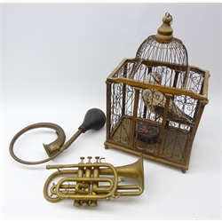  Contemporary hanging wire framed bird cage, H50cm containing a carved model of a Seagull, Boosey & Hawkes Lafleur brass cornet and modern brass car horn (3)  