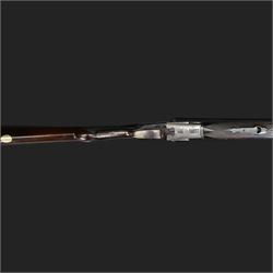 Carr Brothers of Huddersfield 12 bore side by side shotgun with engraved sidelock plates, trigger guard, underside, top plate, thumb lever and fences, chequered semi-pistol grip and horn tipped forend, vacant cartouche to the underside of the stock, double trigger and named 28 inch sleeved barrels choked ¾ and ½, overall length 113cm SHOTGUN CERTIFICATE REQUIRED