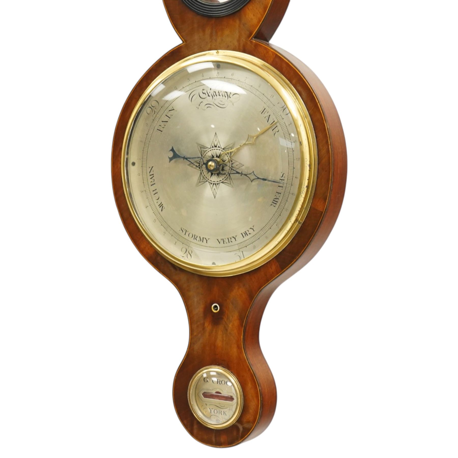 Late 18th century mahogany wheel barometer, swan neck pediment over silvered hygrometer dial and convex mirror, the large silvered register signed by York maker, with spirit level below, the case with boxwood stringing and brass bezels