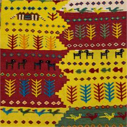 South West Persian Qashqai flatweave kilim, field arranged in bold horizontal bands of saffron yellow, madder red and deep green, decorated stylized tribal motifs including birds, animals, fish and schematic tree devices, composition arranged in a stepped asymmetrical format, with fringe ends 