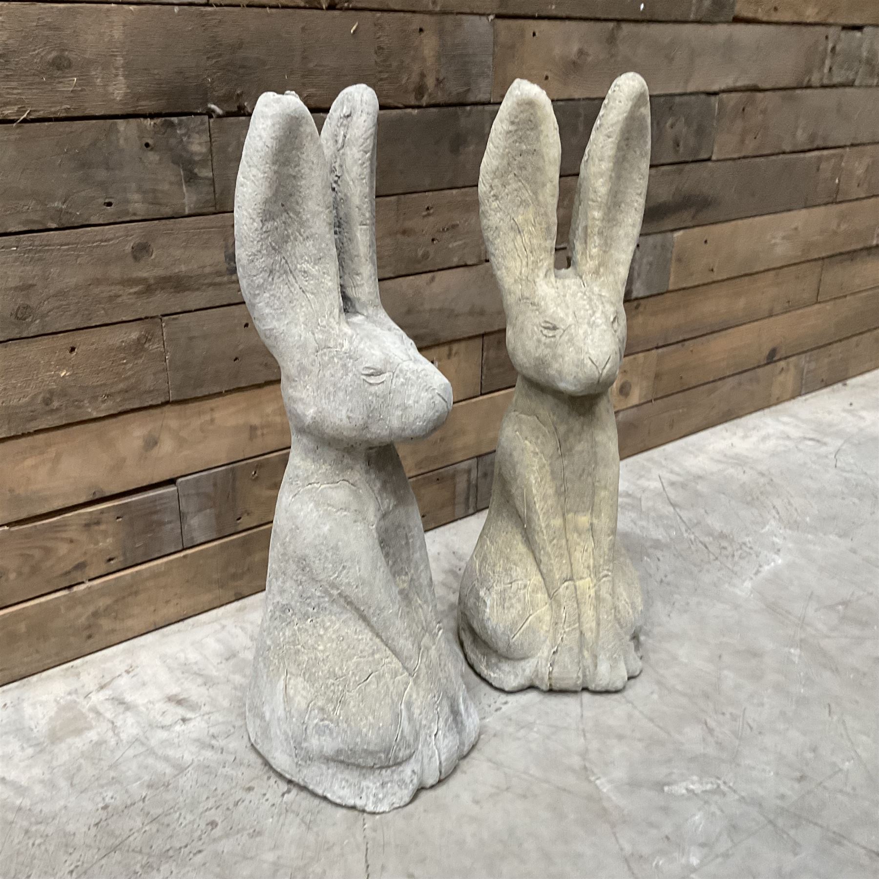 Pair cast stone garden sitting Woody Hares