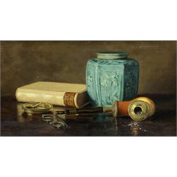 Elaine Katherine Grimshaw (British 1877-1972): Still Life of a Chinese Jar Pipe Book and Spectacles, oil on canvas signed and dated '97, 25cm x 45cm
Notes: Elaine daughter of John Atkinson Grimshaw married E. Ragland Phillips at the age of twenty in 1897. Elaine studied at Balliol College Oxford and whilst there she attended the Ruskin School of Art Oxford. After her marriage, she signed her work, Elaine K Phillips or Elaine Phillips or E Ragland Phillips