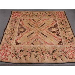  Late 19th century wall hanging beige ground tapestry, geometric pattern field with repeating floral border, 206cm x 180cm  