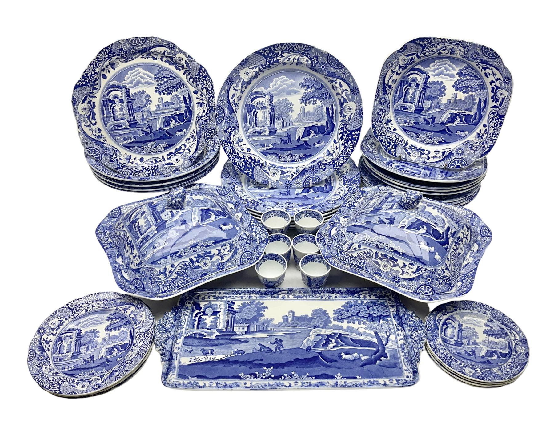 Copeland Spode Italian pattern dinner wares, including two tureens and covers, four serving dishes, six dinner plates, four side plates etc, all with blue printed marks beneath