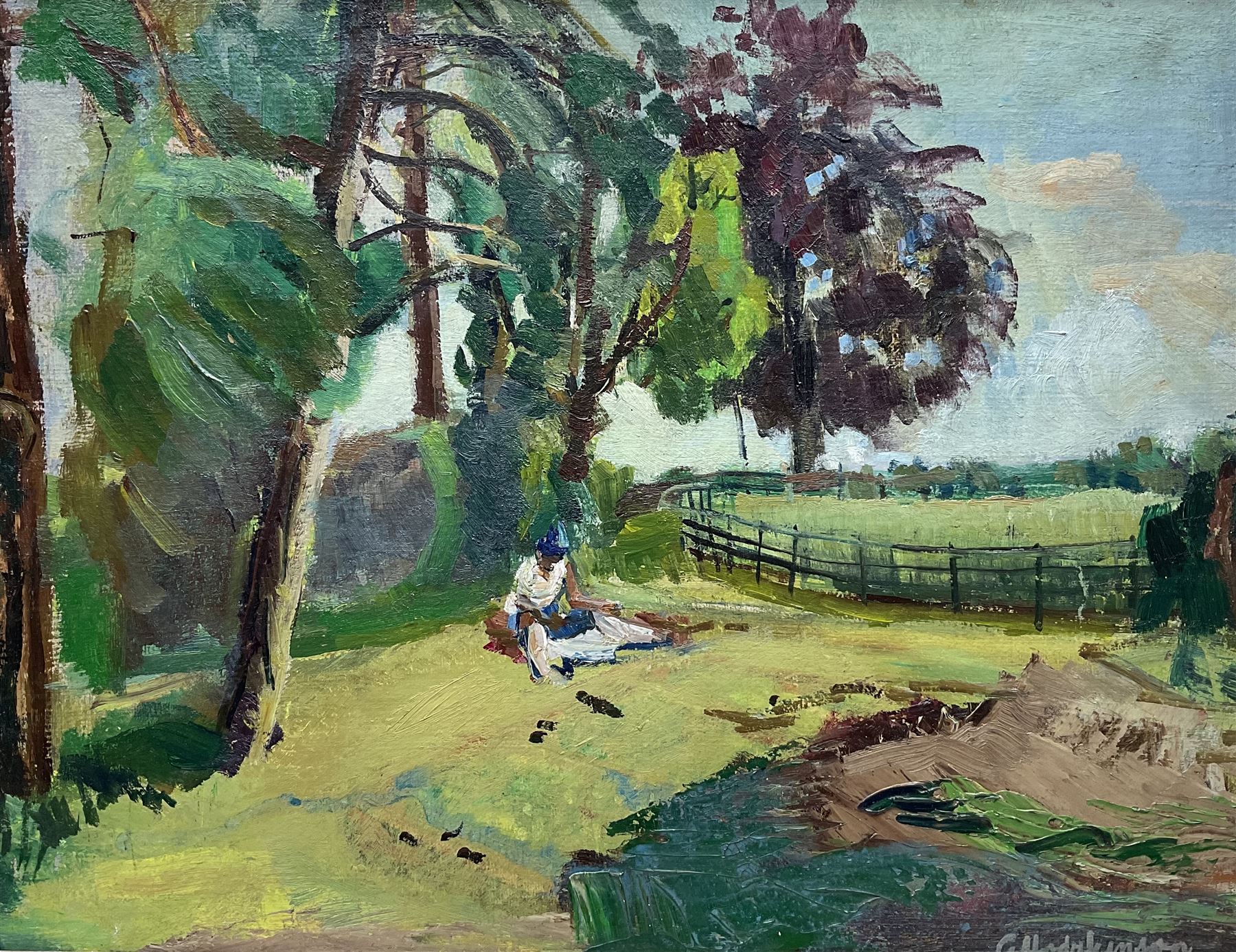 George Hodgkinson (British 1914-1997): 'Cheetham Park Stalybridge', oil on board signed 37cm x 48cm
Notes: Hodgkinson was a representational artist and draughtsman, member of the Manchester Academy of Fine Arts and Stockport Artists Guild. A prolific artist continuing to paint until his death, despite dementia, he left 800 works. There was a retrospective exhibition at the Astley Cheetham Art Gallery in 1998