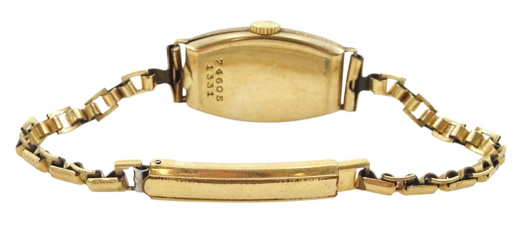 Rolex ladies 9ct gold manual wind wristwatch, Ref. 1331, silvered dial with Arabic numerals, Glasgow import mark 1930, on gilt strap